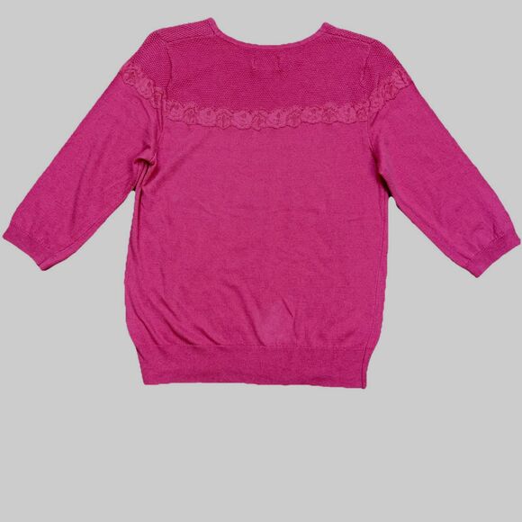 ELLE HOT PINK SWEATER LACE TRIM TEXTURED YOKE ROUND NECK 3/4 SLEEVE SIZE L - Picture 7 of 7